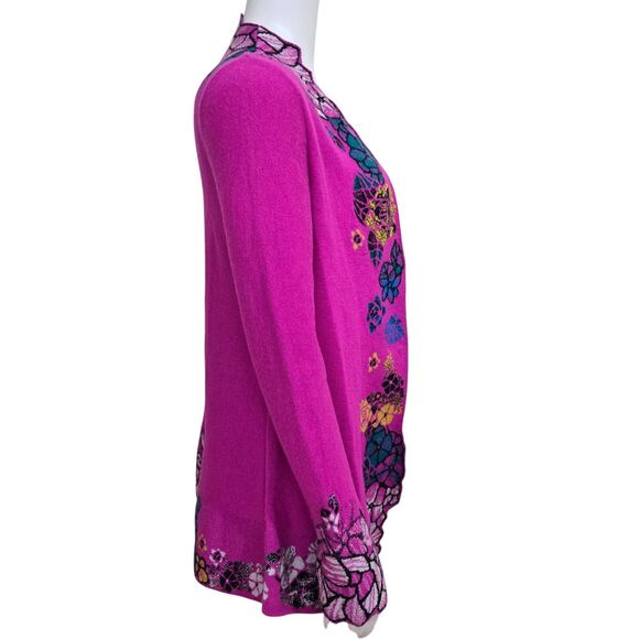 Ivko Cardigan Longer Sweater Size 36/S Superfine Merino Wool Floral Pink Fuchsia - Picture 7 of 16